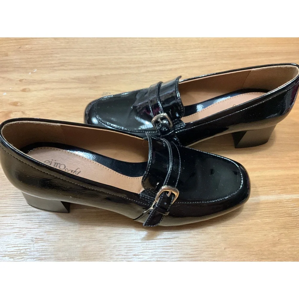 EuroSoft by Sofft Pearl Black Patent Block Heel Loafers Square Toe Pumps 10M